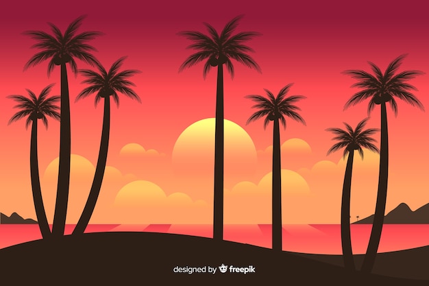 Free vector beach sunset with palm silhouettes