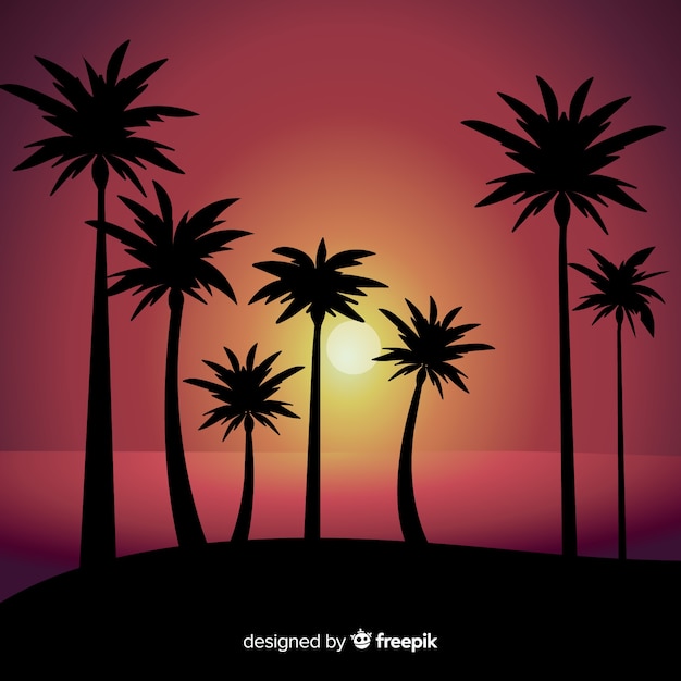 Free vector beach sunset with palm silhouettes