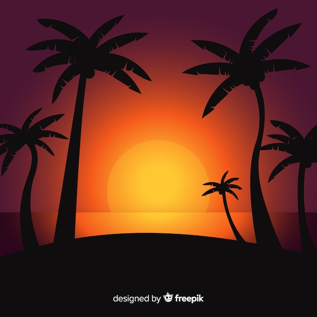 Free vector beach sunset with palm silhouettes