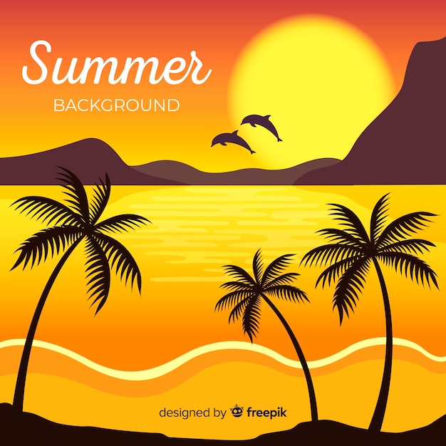 Free vector beach sunset with palm silhouettes
