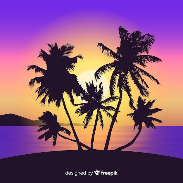 Free vector beach sunset with palm silhouettes