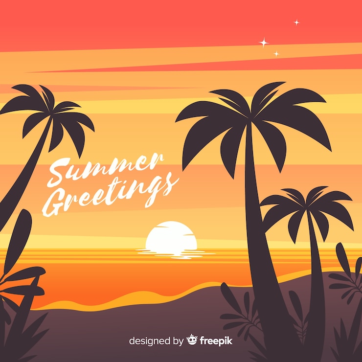 無料Vector ヤシのシルエットとビーチの夕日