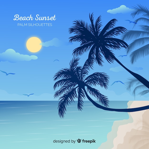 Free vector beach sunset with palm silhouettes