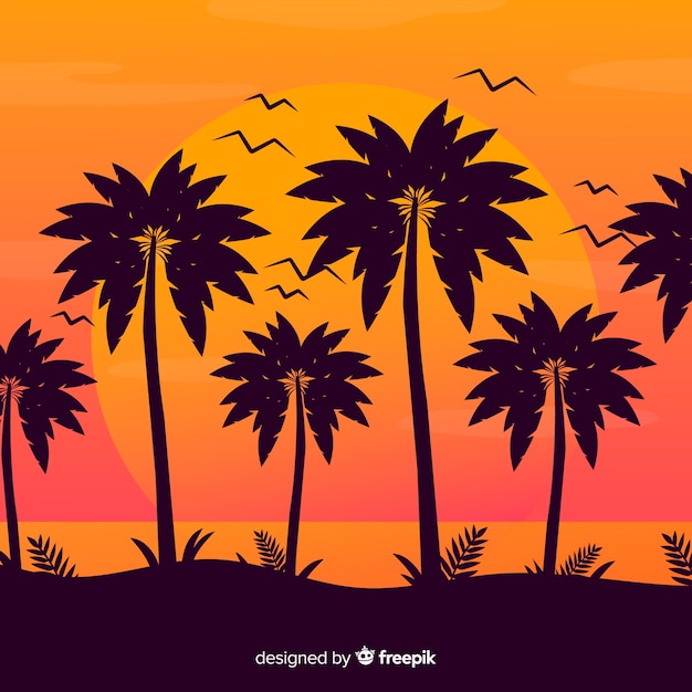 Free vector beach sunset with palm silhouettes