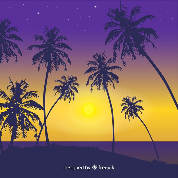 Beach sunset with palm silhouettes