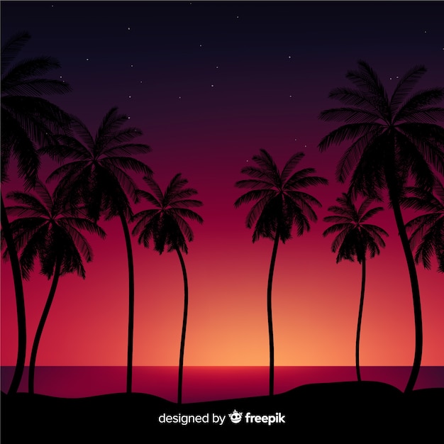 Free vector beach sunset with palm silhouettes