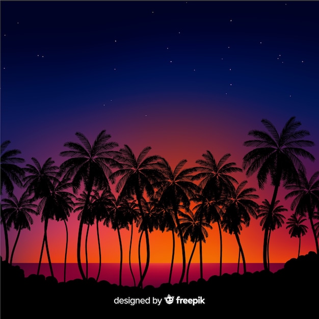 Free vector beach sunset with palm silhouettes