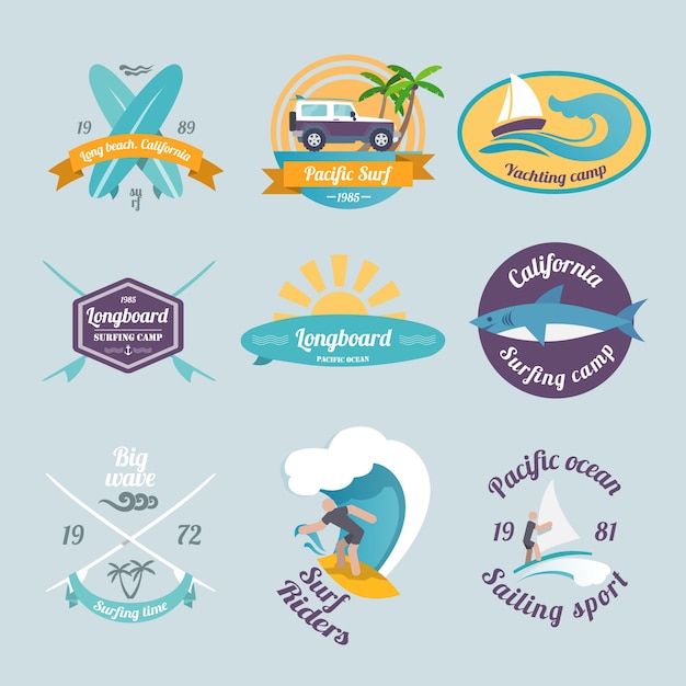 Beach surfing summer yachting labels set isolated vector\
illustration.