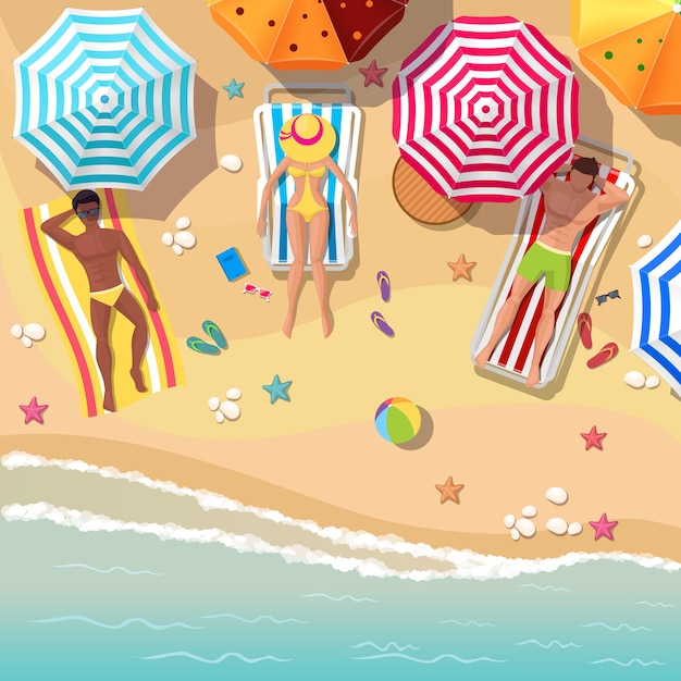 일광욕을 즐기는 남성과 여성의 해변 평면도. 우산과 휴가, 휴식 여름 관광, 휴식 바다와 모래.