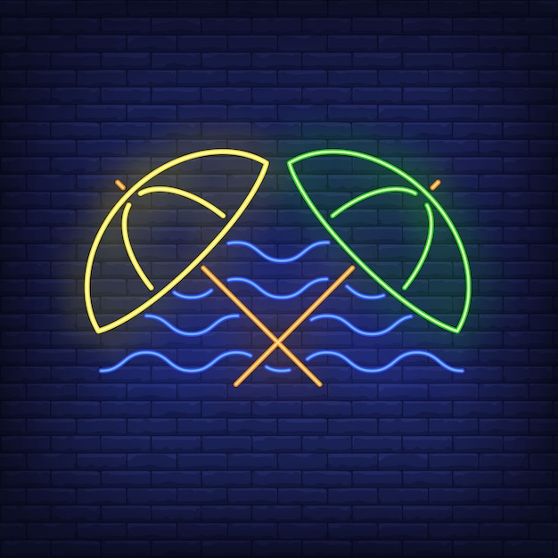 Free vector beach umbrellas and sea waves neon sign. summer, holiday, vacation, resort.