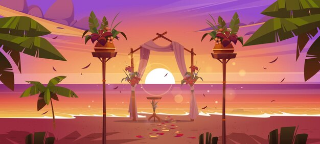 Beach wedding ceremony with floral arch and decoration on sea shore at sunset. Vector cartoon landscape of tropical ocean coast with decoration for marriage celebration, palm trees and evening sun