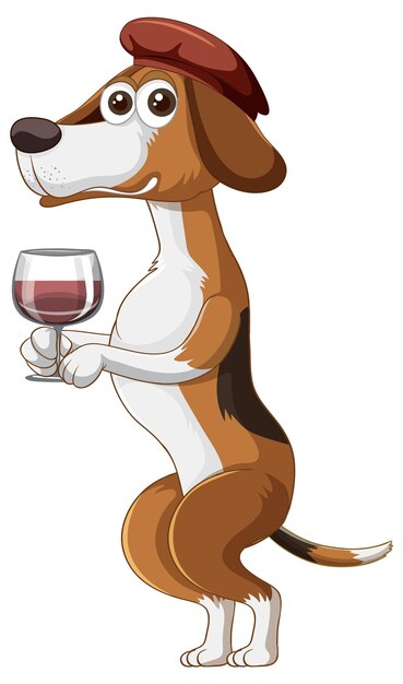 A beagle dog standing on two legs and sipping wine