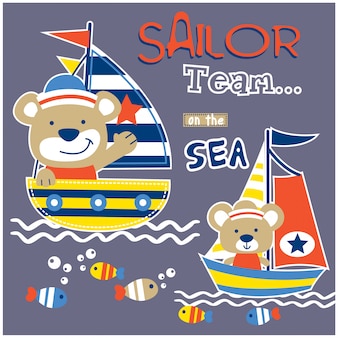 Медведь и мышь моряк команды забавный мультфильм животных, векторная иллюстрация