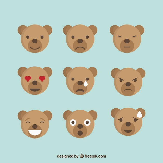 Bear emotions icon set, flat style