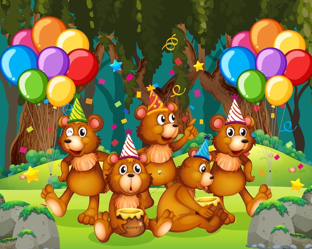 Free vector bear group in party theme cartoon character on forest