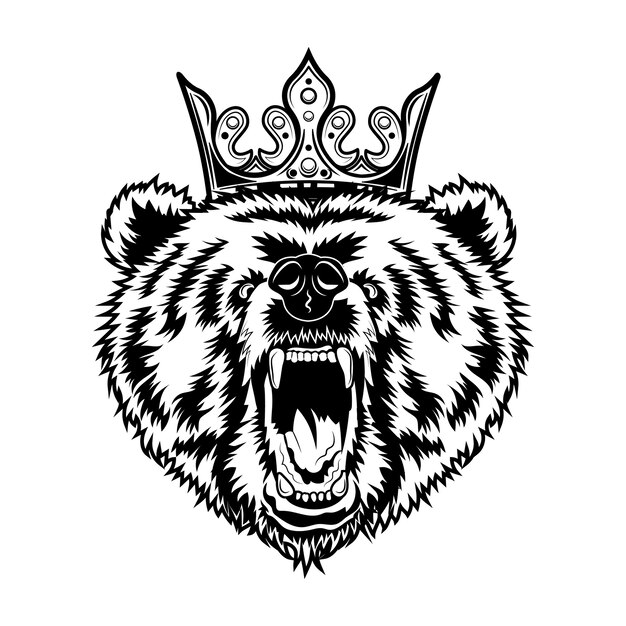 Bear king vector illustration. Head of angry roaring animal with royal crown