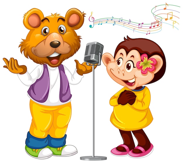 Free vector bear and monkey singing with microphone