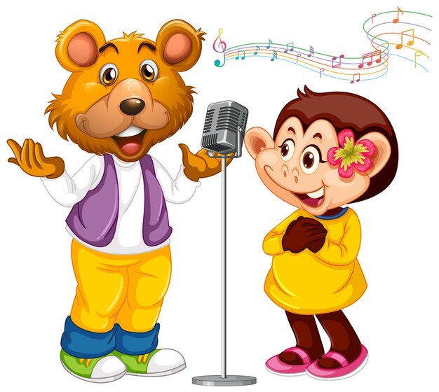 Bear and monkey singing with microphone