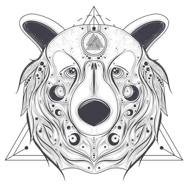 Free vector bear ornamental head with valknut line art vector