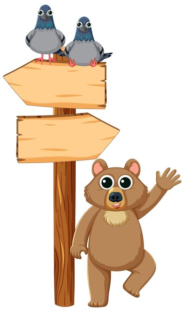 Bear and pigeons standing next to arrow directional wooden sign