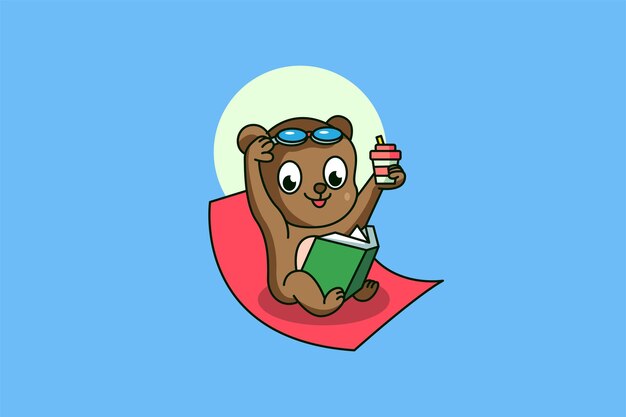 Bear Reading Books With Eyeglass in the Beach