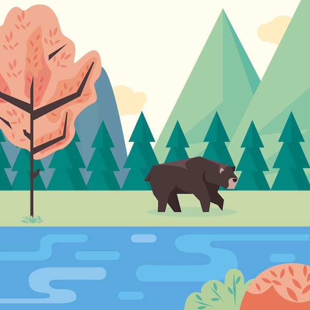 Медведь с озером в пейзаже