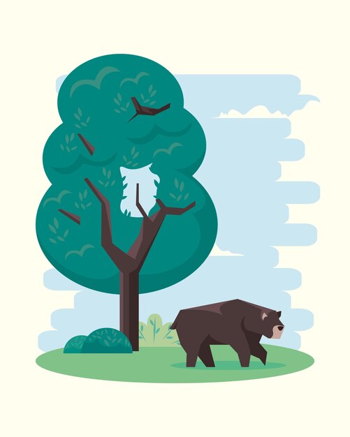나무 풍경과 곰