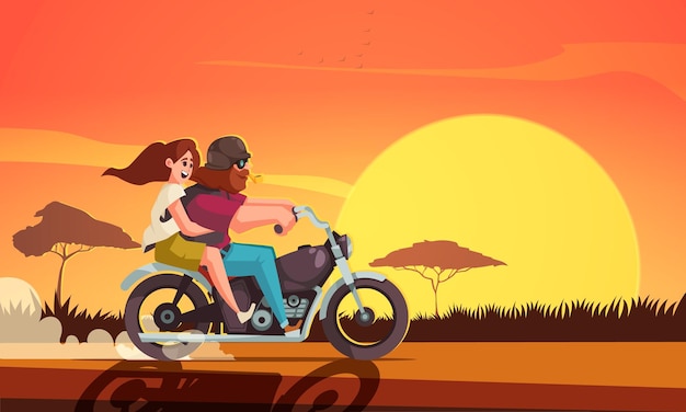 Free vector bearded biker and happy girl riding a motorbike on sunset cartoon vector illustration