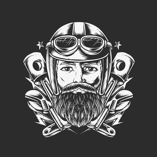 Free vector bearded biker illustration for clothing merchandise