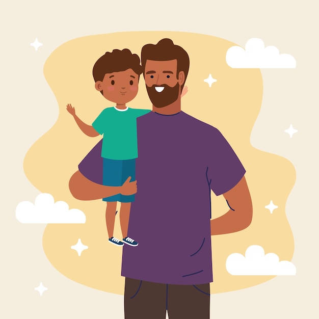 Bearded dad lifting son characters