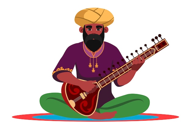 Free vector bearded indian musician performer in turban human person in traditional clothes with hindi musical instrument sitting isolated on white background