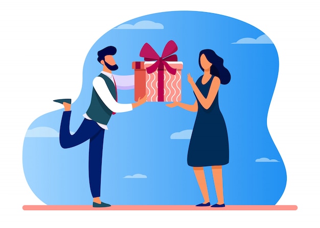 Bearded man giving gift to surprised woman