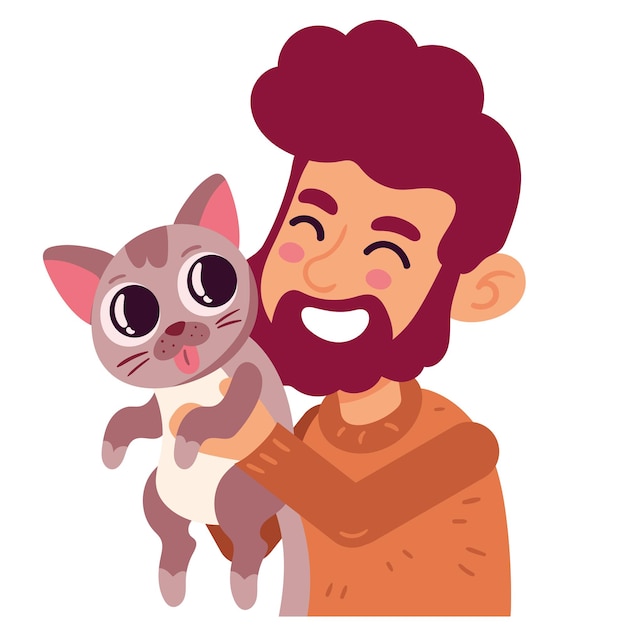 Free vector bearded man lifting cat