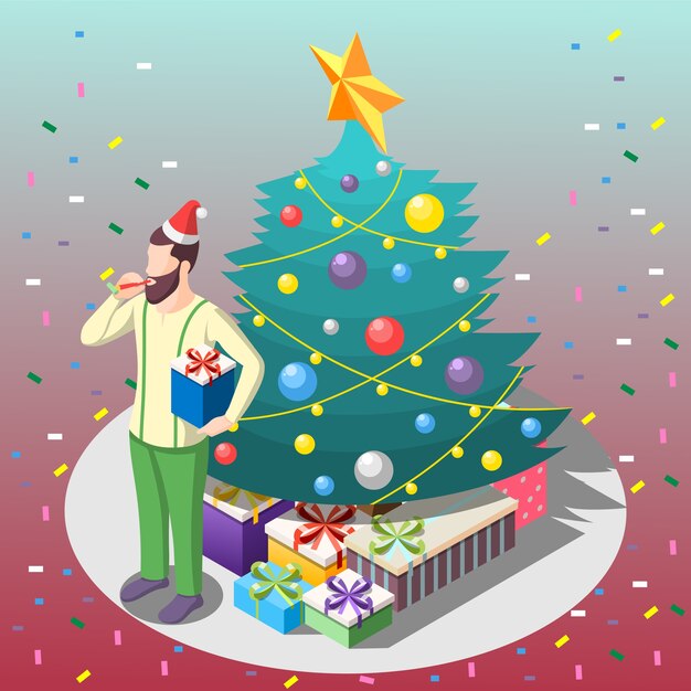 Бородатый мужчина с подарками возле елки изометрическая композиция на градиентном фоне с конфетти