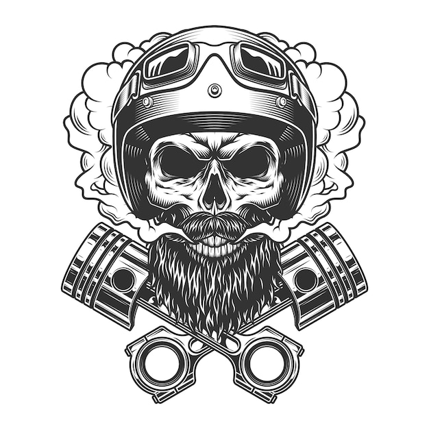 Free vector bearded and mustached motorcyclist skull