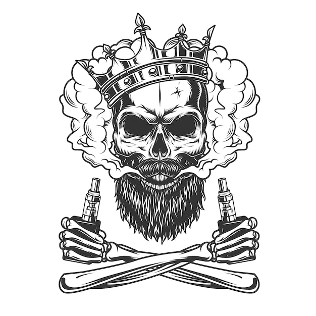 Bearded and mustached skull wearing crown