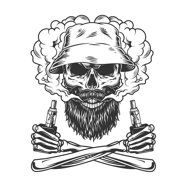 Free vector bearded and mustached skull wearing panama hat