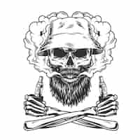 Free vector bearded and mustached skull wearing panama hat