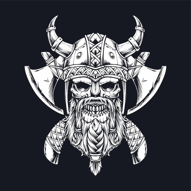 Free vector bearded skull viking with axe illustrationjpg