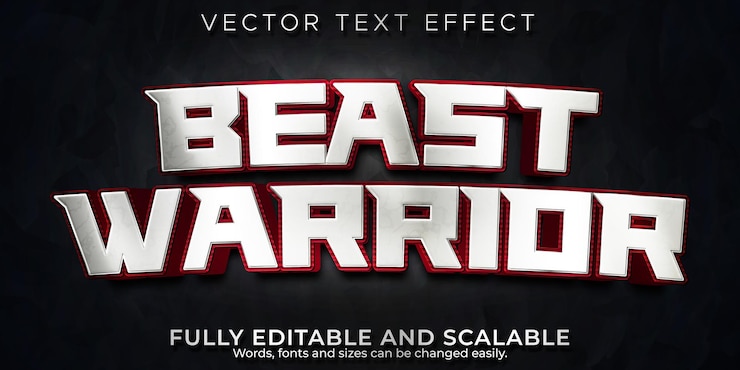 Free Vector beast warrior text effect, editable metallic and battle text style