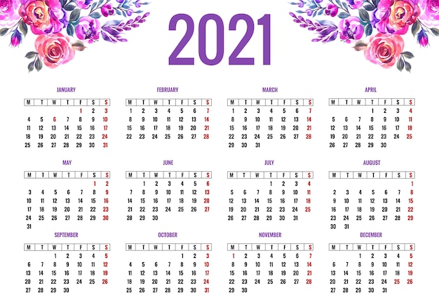 カラフルな花柄の美しい2021年カレンダー