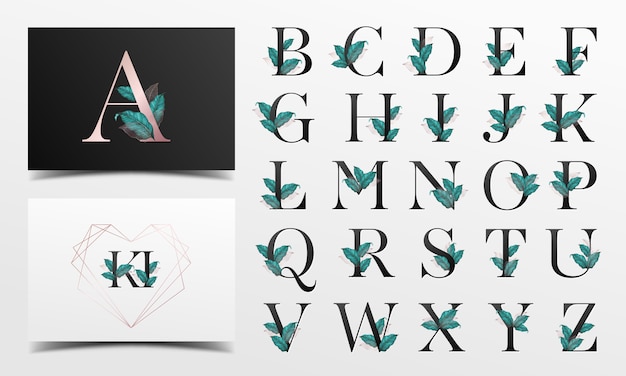 Free vector beautiful alphabet collection with leaf watercolor decoration