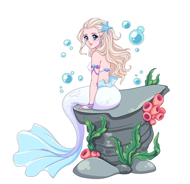 黒い肌 黒い髪 光沢のある青い魚のしっぽ 夏の帽子をかぶったかわいい漫画の人魚姫 プレミアムベクター