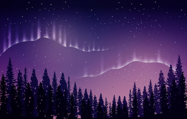 Beautiful aurora borealis sky light pine tree polar landscape illustration
