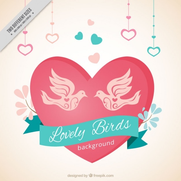 Free vector beautiful background with birds and hearts hanging