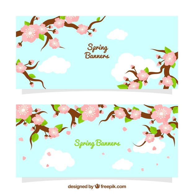 Beautiful banners with blooming branches for spring