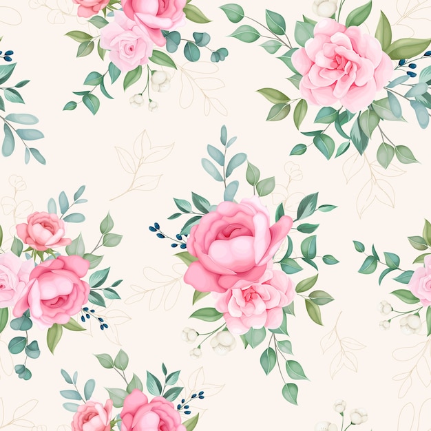 Free vector beautiful blooming floral and leaves seamless pattern