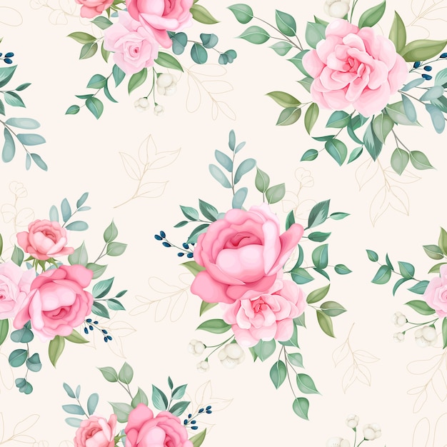 Beautiful blooming floral and leaves seamless pattern