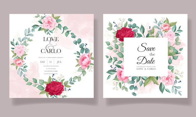 Free vector beautiful blooming floral wedding invitation card set