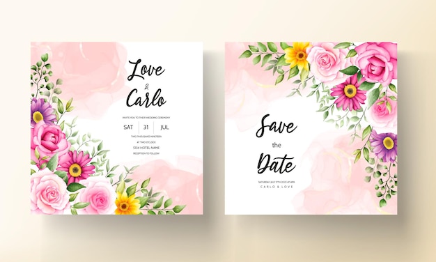 Beautiful blooming flower watercolor wedding invitation card